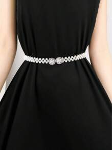 1pc Girl Stretch Pearl Belt Adjustable Rhinestones Silver Twin Flower Alloy Buckle Elastic Waist Chain For Party And Wedding Dress Sash,Back To School Winter Gift Ideas Boy Girl Valentine's Day