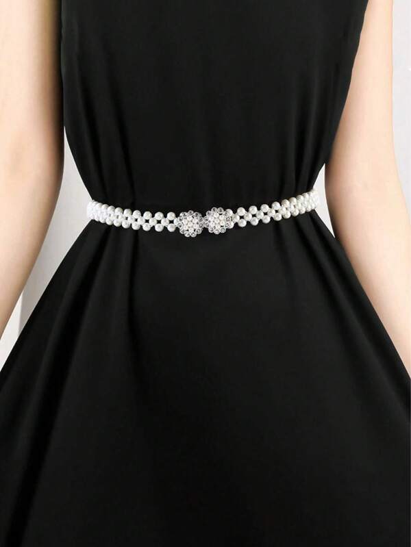 1pc Girl Stretch Pearl Belt Adjustable Rhinestones Silver Twin Flower Alloy Buckle Elastic Waist Chain For Party And Wedding Dress Sash,Back To School Winter Gift Ideas Boy Girl Valentine's Day