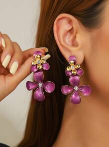 1 Pair Elegant Fashion European Style Rhinestone Flower Drop Oil Alloy Earrings, Suitable For Daily, Commuting, Shopping, Party Wear, Holiday Gift