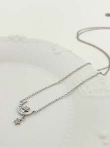 1pc Star & Moon Pendant Necklace With Rhinestones, Simple Stainless Steel Clavicle Chain Jewelry, Birthday, Holiday & Date Night Gift For Women, Suitable For Daily Wear