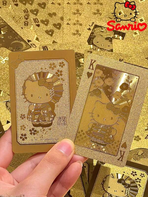 Sanrio 1 Set Of 54pcs Hello Kitty Gold Foil Playing Cards, Rich Cartoon Pattern, Waterproof & Portable Party Table Game Props, Casual Entertainment Card Game, Small Gathering And Dinner Game, Gift For Friends, Holiday Gift, Party Favor