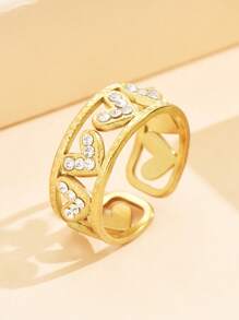 1 pieza Anillo abierto ajustable con hermosas piedras de diamante, anillo de acero inoxidable con forma de corazón, chapado en oro de 18K, joyería multiusos para mujer, para uso diario