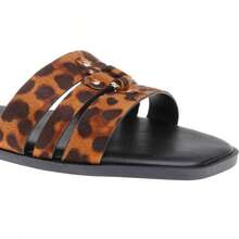 calcena Sandale plate pentru femei, design minimalist cu vârf pătrat și curea țesută cu nituri, pantofi de vară la modă cu curea dublă, pantofi plați eleganți din piele PU, pantofi de plajă și vacanță - Imprimat Leopard - Vizualizare 2