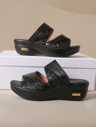 Plus Size Women's Fashion Glitter Decor Comfortable Platform Wedge Sandals