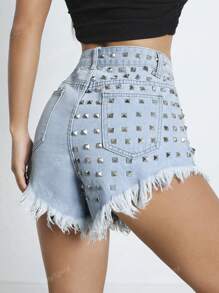 Women's Fashion Frayed Hem Rivet Embellished Personalized Street Patchwork Ripped Casual Denim Shorts, Summer