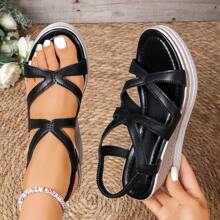 2025 New Fashion Comfortable Black Wedge Casual Cross Strap Women Sandals