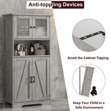 Mueble de baño de 128 cm de alto, armario de almacenamiento independiente, armario de despensa de cocina con puertas de cristal y estantes ajustables, armario de pie, armario de almacenamiento para salón, gris