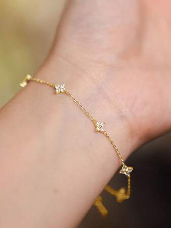 Nooxian 1pc Women Boho Style Tassel Bracelet, Copper Inlaid Zirconia Four-Leaf Clover Flower Bracelet, Daily Accessory & Gift