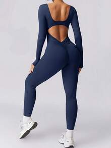 NcmRyu Women's Backless Waist Cinching V-Neck Ruched Sports Jumpsuit - Blue - View 5