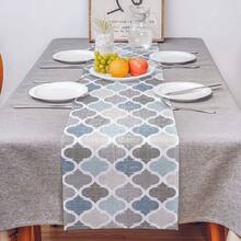 Blue Grey Geometric Checkered Moroccan Style Linen Table Runner For Holiday Party Decor, Washable, Suitable For Dressing Table, Kitchen, Dining Room, Wedding Decor - As Shown - View 4