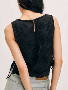 Women's Y2K Embroidery Flower Crop Tank Tops Sleeveless Square Neck Tie Up Side Shirt Summer Casual Going Out Tops Streetwear - màu đen - Xem 3
