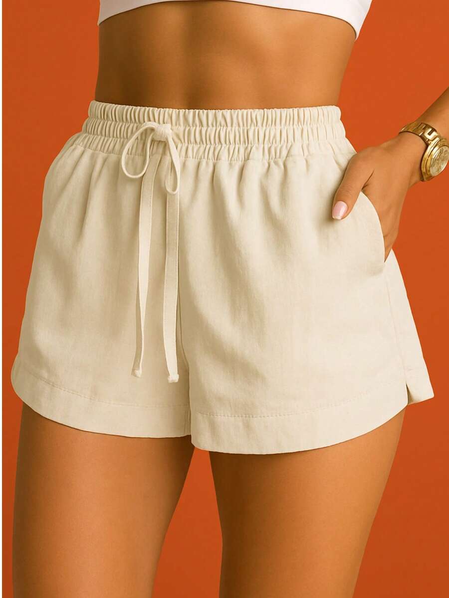 Women's Simple Linen High Waist Shorts With Pockets - Raw Linen - View 1