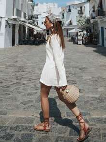 女式纯色休闲透气海滩度假性感镂空透视长袖罩衫迷你连衣裙，春夏 - 白色 - 查看 6