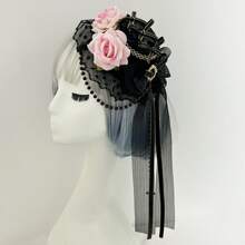 1 Stück Vintage Gothic Stil Rose Spitze Mini Hut, Lolita Stil Haarschmuck mit kleiner Kreuz Perlen Kette, Haarspange mit burgunderroter Blumen Deko für Partys, Kostümspiele, passend für Hochzeit, Ball und besondere Anlässe, exquisite Spitze