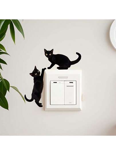 1 pieza Calcomanía exquisita de dos gatos negros, duradera, resistente al agua y al polvo, de PVC, autoadhesiva, fácil de despegar, adecuada para calcomanías decorativas en dormitorio, estudio, sala de estar, baño, decoración del hogar para dar una nueva apariencia, decoración navideña, calcomanías para regalos de cumpleaños y graduación, decoración de pared, pegatina de pared