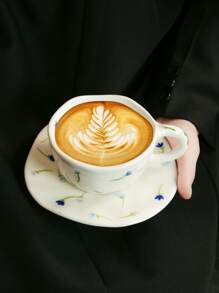 1pc Hand-Painted Floral/Yellow Stamen Ceramic Coffee Cup And Saucer Set, Suitable For Home, Office, Cafe Use, Ideal Gift For Women, Mom, Birthday Back To School