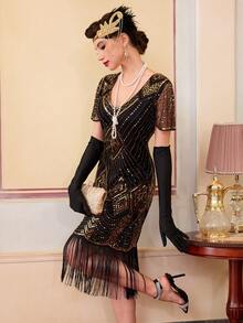 20世纪20年代的轻佻女郎连衣裙，《了不起的盖茨比》咆哮的20年代女性连衣裙，透明串珠袖子服装 - 金色 - 查看 4