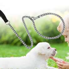 120CM Metal Chain Dog Lead With Leather Style Handle Strong Control Leash UK - Black - View 2