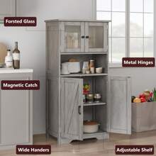 Mueble de baño de 128 cm de alto, armario de almacenamiento independiente, armario de despensa de cocina con puertas de cristal y estantes ajustables, armario de pie, armario de almacenamiento para salón, gris