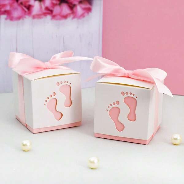Set de 5 cajas de regalo para fiesta de cumpleaños - Cajas de caramelos con diseño de cochecito de bebé calado, cajas de dulces estilo europeo, cajas de caramelos con diseño de huella adorable, adecuadas para fiesta de cumpleaños, reunión, baby shower, galletas, caramelos, embalaje de chocolate
