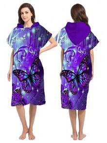 1pc Butterfly & Floral Pattern Hooded Cloak Robe, Lightweight Wearable Beach Towel For Surfing, Swimming, Bathing, Outdoor Sports, Adult Hooded Towel Robe Back To School - Multicolor - View 21