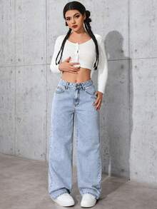 Halloween, Christmas, New Year, Thanksgiving, Light Blue Wide Leg Denim Jeans For Women Washed Effect Non-Stretch Fabric With Pockets Zipper And Button Detail Long Casual Style, Non Stretchy, Casual And Elegant Style