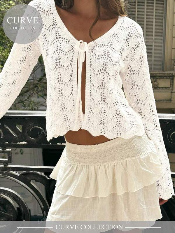 Women's Elegant Casual Everyday Style Front Strap Bow V-Neck Drop Shoulder Long Sleeve Solid Color Knit Cardigan Beach Cover Up Cardigan - Hollow Out Knitwear Top With Bowknot , Loose Drop Shoulder Design, Lightweight Vacation Kimono, Bikini Crochet Crop Tops Tie Front Bell Long Sleeve Knit Shrug Shrugs Knitted Plus Size Flounce Top, Spring Summer Fall