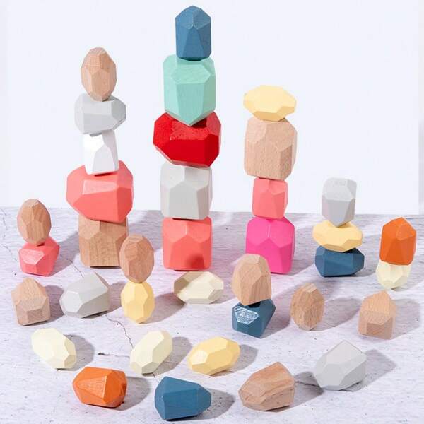 Combination Wooden Stacking Rocks, Sensory Montessori Learning Toys, Building Block Game For 3-6 Years Old Boys And Girls, Birthday Gift