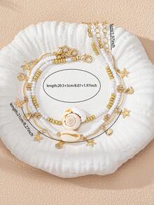 3 Pcs Summer Sea Beach Style Anklets Set , Starfish Shell Foot Chain Ankle Bracelets , Bohemia Boho White Seed Beaded Anklet Suitable For Beachy Travel , Party , Seaside Bikini Outfit Accessories - Multicolor - View 2