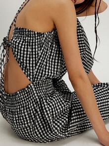 Women's Casual Plaid Gingham Wide Leg Jumpsuits Spaghetti Straps Long Smocked Overalls Rompers Summer Y2K Baggy Sleeveless Long Romper - 黑色 - 查看 3