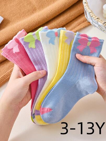 5双春夏季儿童袜子，女童可爱蝴蝶结中筒袜，彩虹色短袜，夏季网眼透气袜子，超薄夏季袜子