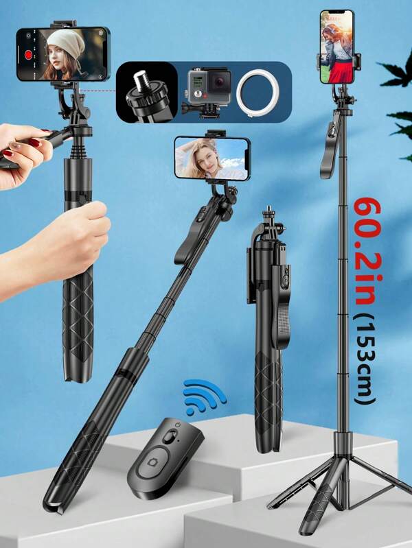 61" 1530mm Selfie Stick Tripod, All In One Extendable Phone Tripod Stand Foldable Monopod With Wireless Remote 360° Rotation For IPhone And Android Phone Selfies, For GoPro Action Cameras Video Recording, Vlogging, Balance Steady Live Streaming, Aluminum