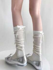 1/2 双女式芭蕾风格条纹及膝袜，带蝴蝶结装饰，白色/黑色，适合春/夏/秋季，Y2K