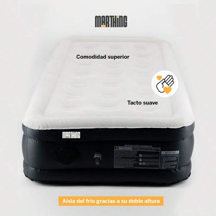 Colchon Inflable Electrico Individual Marthing CIEIND Cama Inflable Personal Portatil Con Bomba Electrica Integrada Facil de Usar Inflado Rapido Colchon Accesorios de Reparacion Ideal pa Hogar y Acampar - Blanco y Negro - Añade 3