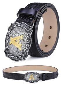 Letters A-Z Belts For Men Big Buckle Western Male Belts Retro PU Leather Waist Strap For Pants Pank Street Cowboy Cowgirl Style Black 3.8cm Width Casual, Business, Boyfriend Husband Father Dad Men Gift, Daily Wear, Fashion, Teen, Outdoor, Vacation, Athletic, Travel, Street, Boho, Vintage Fall, Autumn, Halloween Autumn-Winter Accessories, Suitable For Teens, Youth, Men, Casual, Outdoor, Athletic, Vacation, Graduation Gifts, Birthday, Daily Wear - Letter - View 2