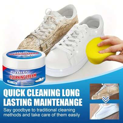 Sport Shoe Whitening Cleaning Cream With Sponge - Stain And Scuff Remover For Sneakers, Boots, And Canvas Shoes - Plastic Material, Contains Chemicals - Quick And Effective Shoe Care Cleaner.