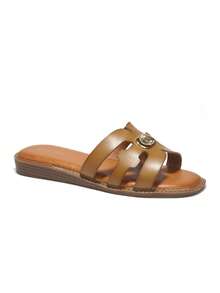 Revreal Sandals With Cutout Straps And Gold Emblem – Refined Casual Bohemian Elegant Elegant Fashion Holiday Basic Beach Casual Leisure Cute Rivet Inlay Summer - Khaki - View 2