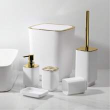 Juego de 6/4 piezas de accesorios de baño chapados en oro, reutilizables, que incluyen papelera, soporte para cepillo de inodoro, soporte para cepillo de dientes, vaso para enjuague bucal, jabonera, botella de jabón, decoración de otoño, regalo de inauguración de la casa, organizador de baño Accesorios de vuelta al colegio