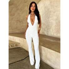 Women's Solid Backless Deep V Neck Tie Back Jumpsuit, Casual Fashion Sleeveless Plunge Neck Jumpsuit Womenswear Overalls Comfort Basic Black - White - View 1