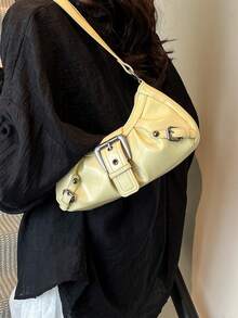 1pc Women's Retro Motorcycle Style Rivet Decor Adjustable Shoulder Strap Tote Bag, Large Capacity Soft Ombre PU Leather Crossbody Bag, Suitable For Work, Commute, Date, Party, Yellow - Yellow - View 4