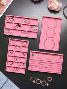 9/1 件粉色天鹅绒首饰托盘，大容量珠宝收纳盒，带独立隔层，可堆叠珠宝展示架，可容纳耳环、项链、手链、戒指、发夹、发带等。情人节天鹅绒首饰托盘 - 彩色 - 查看 4