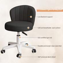 Small Desk Chair Round Rolling Chair With Back PU Leather Height Adjustable Swivel Vanity Work Computer Stool Chair For Home Office Bedroom With 2 Pack - 黑色 - 查看 5