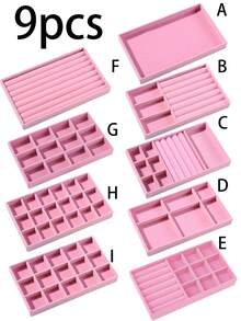 9/1 件粉色天鹅绒首饰托盘，大容量珠宝收纳盒，带独立隔层，可堆叠珠宝展示架，可容纳耳环、项链、手链、戒指、发夹、发带等。情人节天鹅绒首饰托盘 - 彩色 - 查看 2
