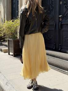 Women's Pleated Skirt, Yellow Long Skirt, Women's Fashion Pleated Skirt, Elegant Women's Chiffon Sheer Skirt, High Waist Skirt For Summer - Yellow - View 8
