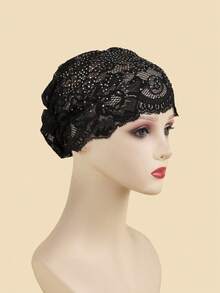 1pc Muslim Lace Cap With Rhinestones, Breathable And Versatile For Covering Grey Hair - Multicolor - View 7