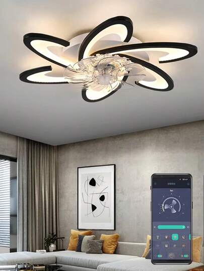 1 ventilador de luz LED de flores blanco/negro - 6 pétalos, tres colores continuamente regulables con control remoto, 6 velocidades ajustables, para dormitorio, sala de estar, comedor, decoración del hogar, brillo ajustable