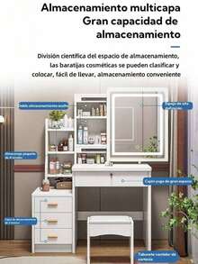 Multifuncional Tocador Vanity Con Espejo Y Cajón, Incluye el Banco/Taburete, Make Up Desk - Blanco - Ver 3
