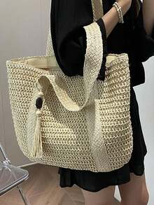 Large Capacity Tote Bag Hand-Held Straw Bag Shoulder Bag Seaside Vacation - Beige - View 2