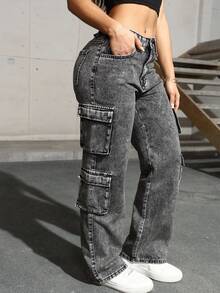 翻盖口袋侧边工装牛仔裤，简约时尚，日常休闲百搭。 - 灰色 - 查看 3