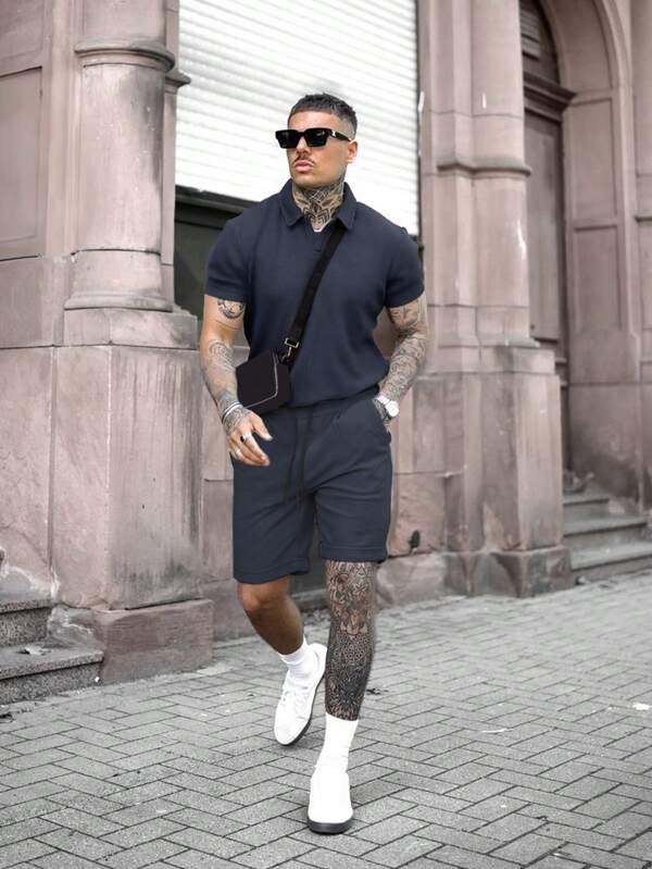 Conjunto de camisa polo y pantalones cortos casuales de negocios y de vacaciones de tela de rejilla para hombre, primavera/verano 2025